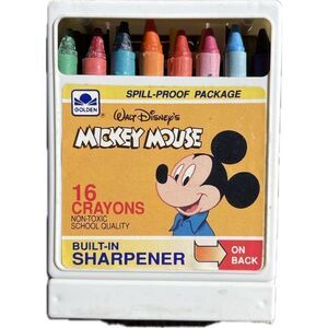 Vintage Walt Disney Mickey Mouse 16 Crayons Golden Built in Sharpener